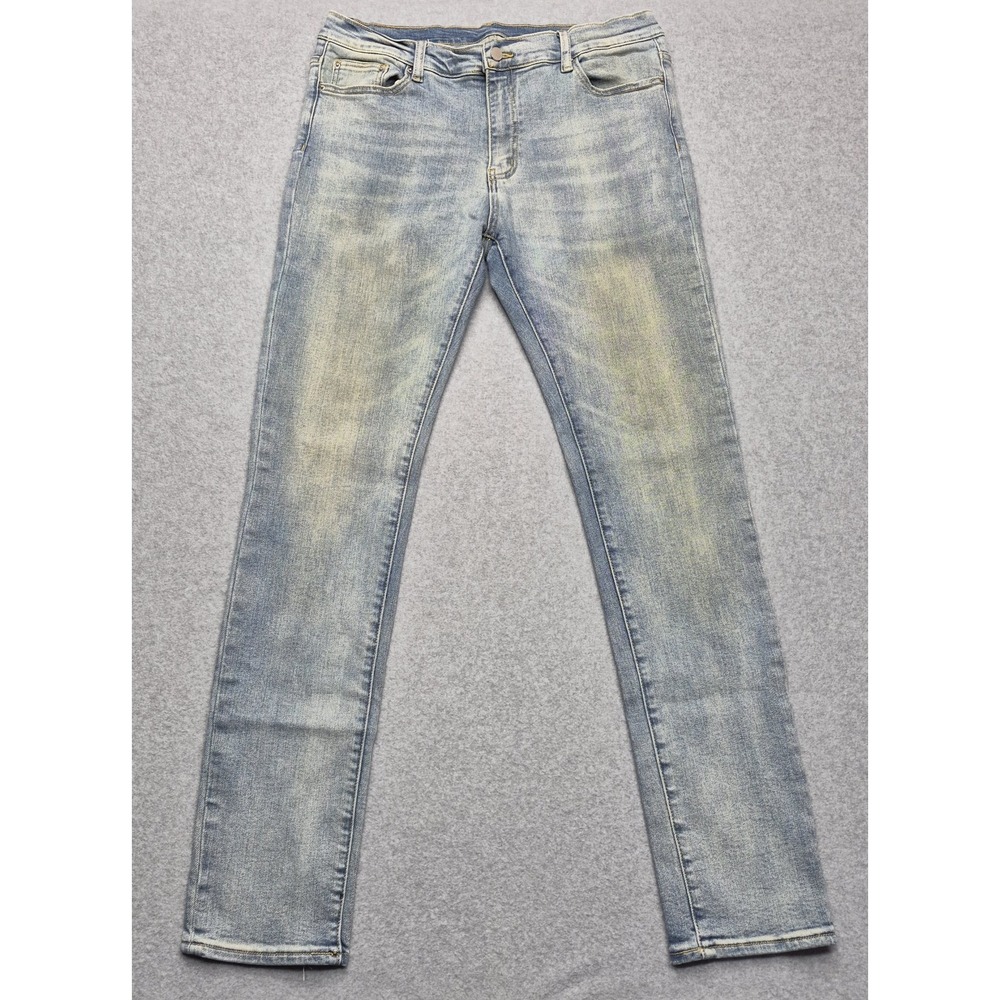MNML Mens 36 Light Wash Skinny Fit Denim Jeans Stretch Distressed Faded